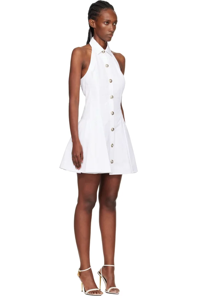 BALMAIN White A-Line Backless Poplin Minidress, photo 2 of 4 from SSENSE