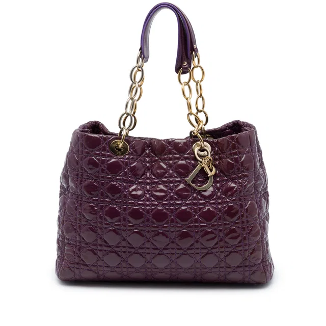 Purple Dior Large Patent Cannage Lady Dior Soft Shopping Tote in Purple Patent leather from Designer Revival