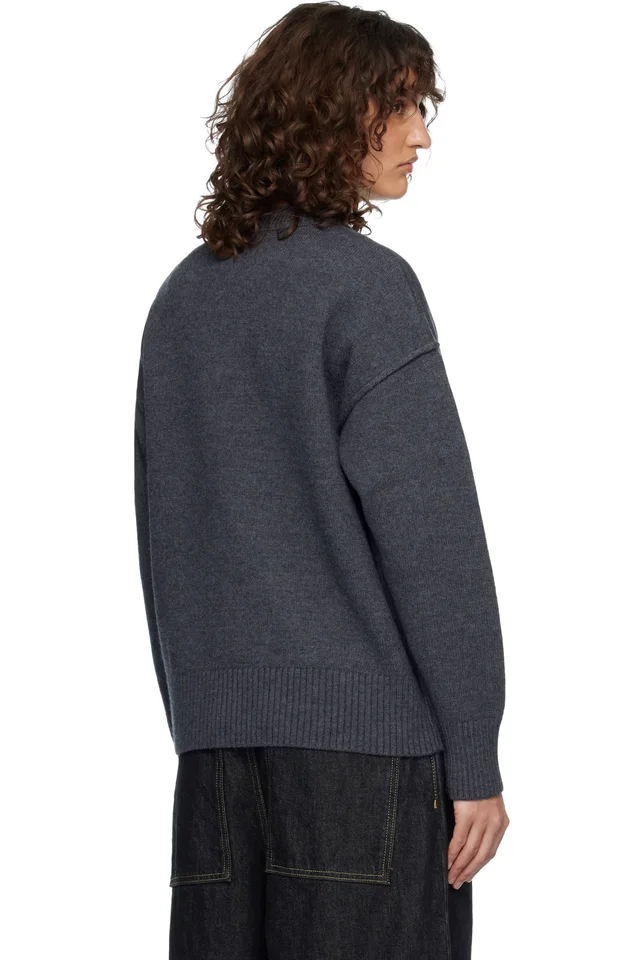AMI Paris Gray Wool Crewneck Ami de Coeur Sweater, photo 3 of 4 from SSENSE