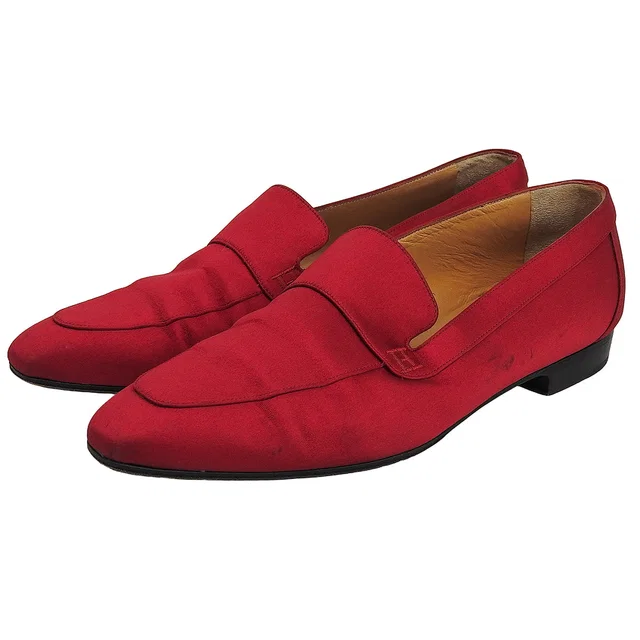 Hermès Logo Embroidered Satin Pumps #37 Red in Red Satin from VINTAGE QOO TOKYO