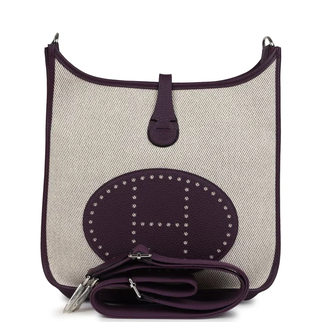 Hermès Evelyne III PM Cassis Clemence and Ecru Toile H Palladium Hardware in Clemence leather from Madison Avenue Couture