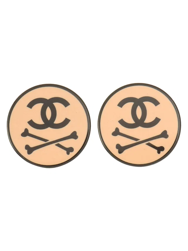 Chanel 2003 Round Bone CC Mark Earrings Salmon Pink/Black in Black from VINTAGE QOO TOKYO