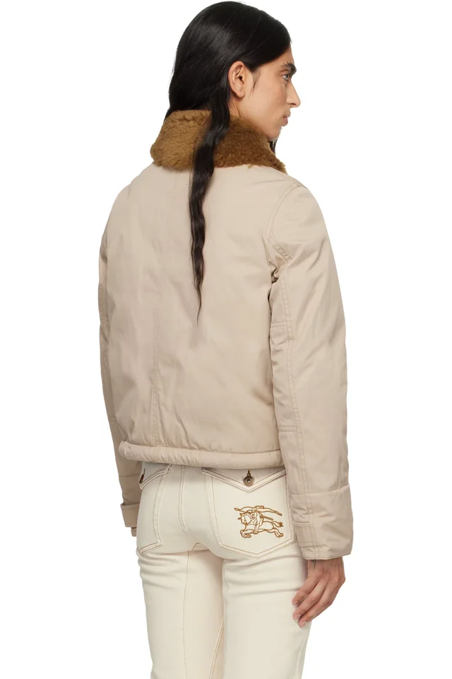 Burberry Beige Shearling Collar Gabardine Down Bomber Jacket, photo 3 of 4 from SSENSE