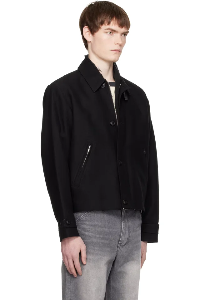 COOR Black Wool Linen Blend Leather Tab Jacket, photo 2 of 4 from SSENSE