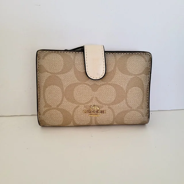 Coach Medium Corner Zip Wallet Signature Canvas Khaki Chalk White F23553 in brown|white|neutral Canvas from Poshmark