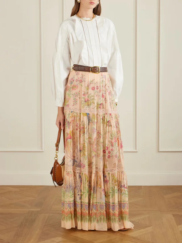 ETRO Tiered pleated lace-trimmed printed silk maxi skirt, photo 2 of 2 from NET-A-PORTER (Canada)