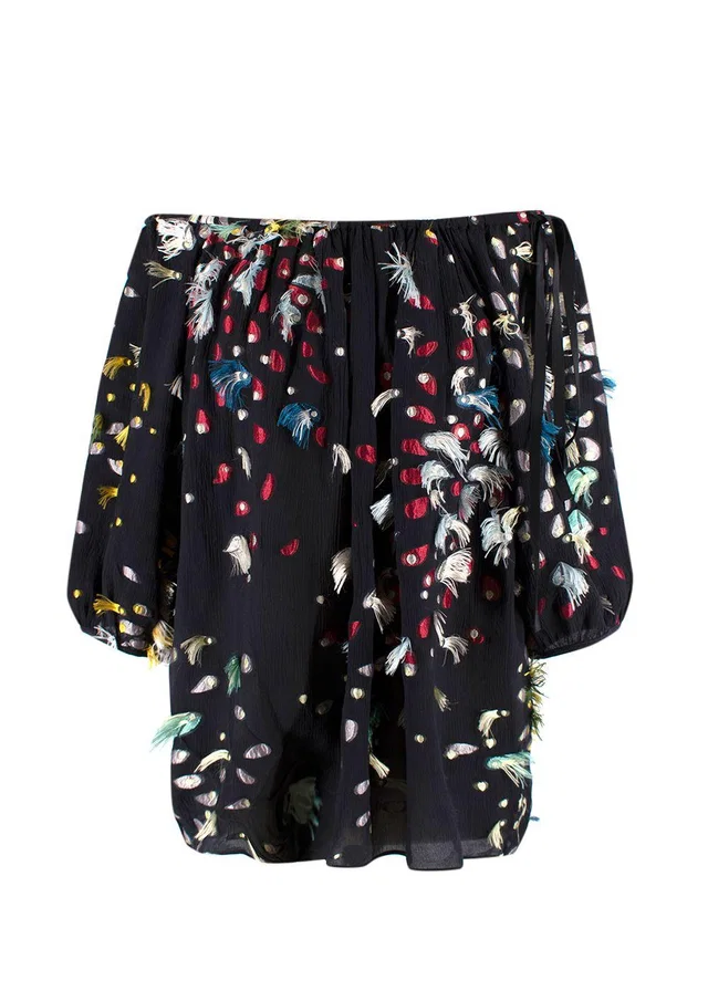 Chloé Black Bardot Embellished Silk Blouse in Black Silk from HEWI