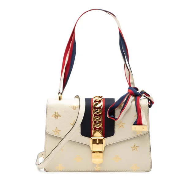White Gucci Small Calfkin Bee Star Sylvie Satchel in White Calfskin from Designer Revival