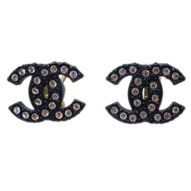 Chanel Black CC Earrings Rhinestone Clip-On 02A in Black from AMORE Vintage Tokyo