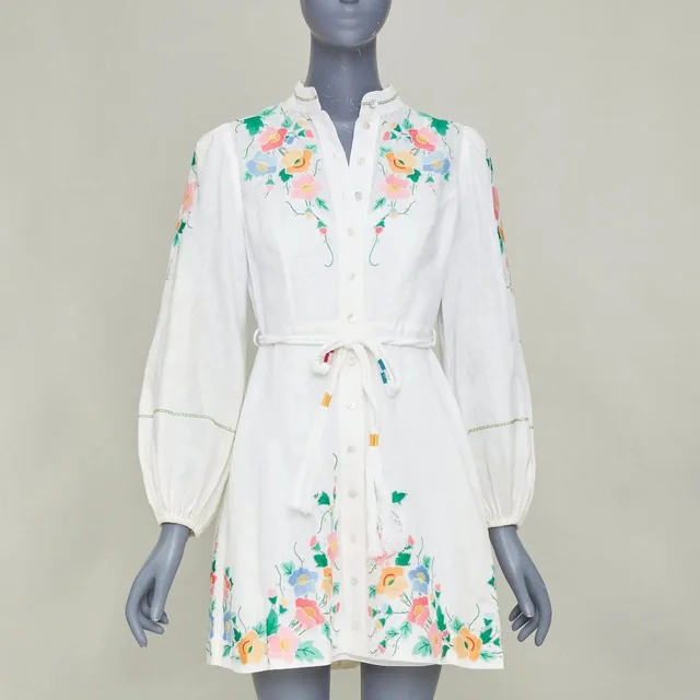 Zimmermann 2021 Fiesta Applique Multicolour Floral White Linen Mini Dress Sz1 S in white from Grailed