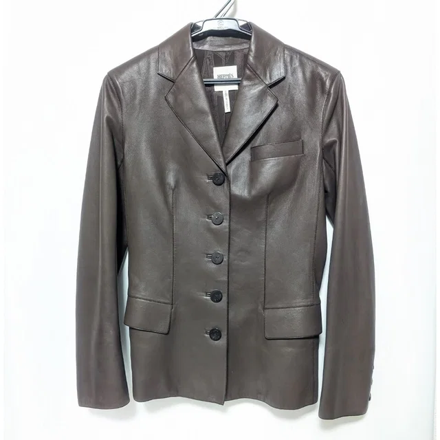 Hermès Leather Jacket Lambskin Brown Logo Button in Brown Lambskin from The Reluxe
