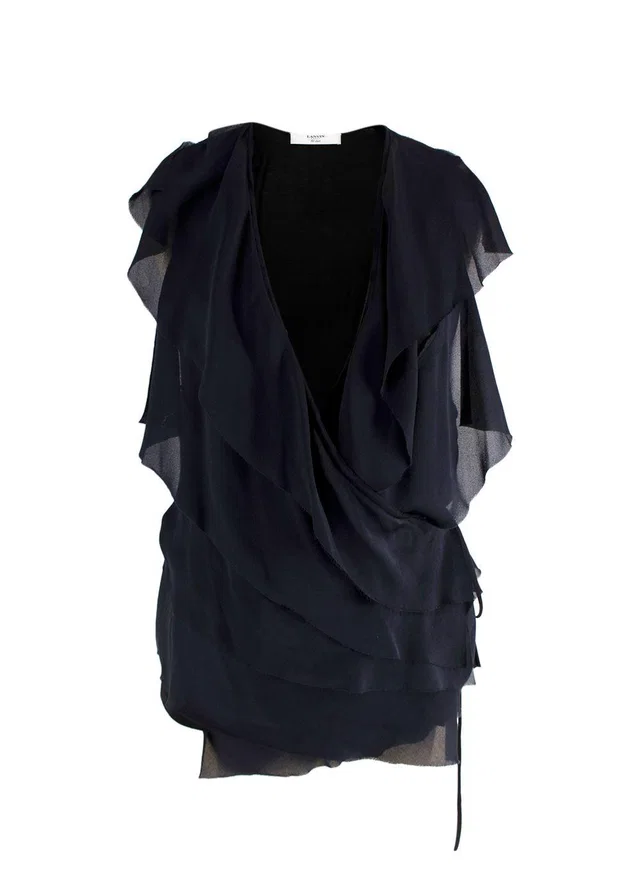 Lanvin Black and Navy Wrap Blouse with Frill Detail in Black from HEWI