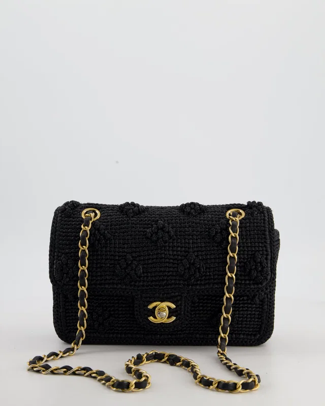 HOT* Chanel Black Crocheted Raffia Small Single Flap Cross-Body Bag in Black Raffia from Sellier