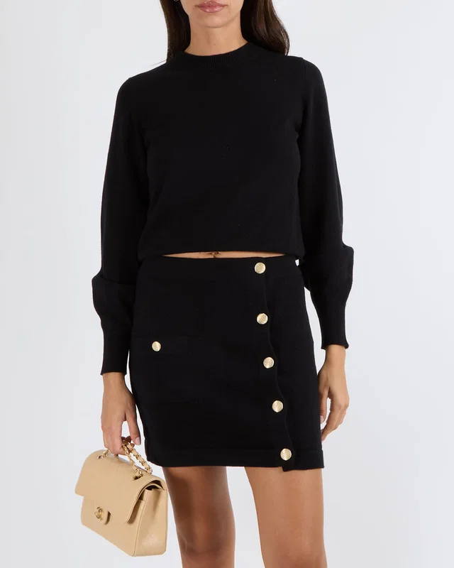 Chanel Black Cashmere Knit Mini Skirt with Textured Gold CC Logo Buttons Size FR 38 (UK 10) in Black Cashmere from Sellier