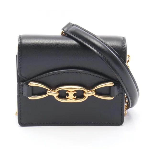 Celine Shoulder Bag Maillon Mini Triomphe Black Leather Chain Wallet in Black Leather from The Reluxe