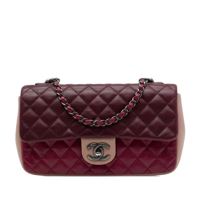 Red Chanel Paris Edinburgh Medium Classic Tricolor Lambskin Single Flap Shoulder Bag in Red Lambskin from Designer Revival