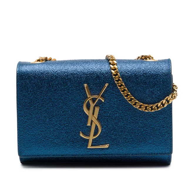 Blue Saint Laurent Small Metallic Calfskin Classic Monogram Kate Crossbody in Blue Calfskin from Designer Revival