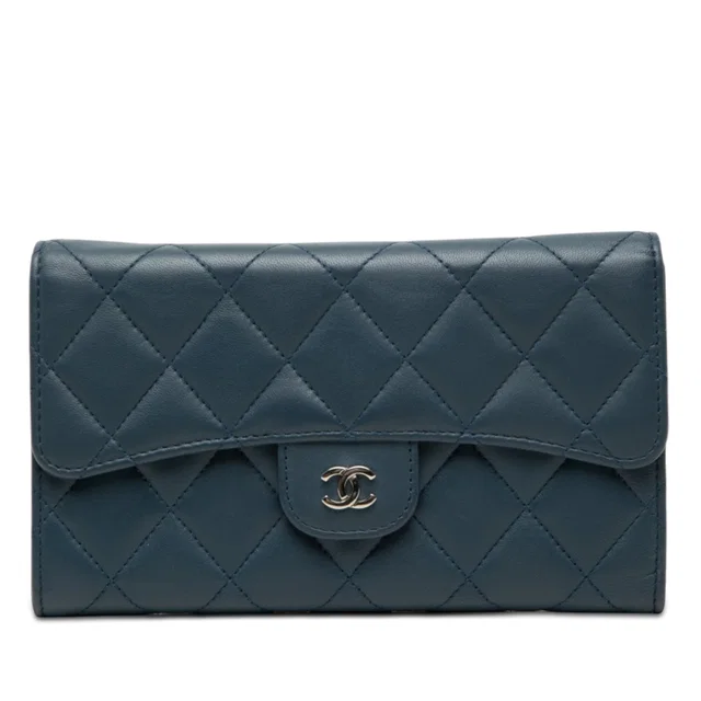 Blue Chanel CC Quilted Lambskin Classic Flap Wallet Long Wallets in Blue Lambskin from Designer Revival