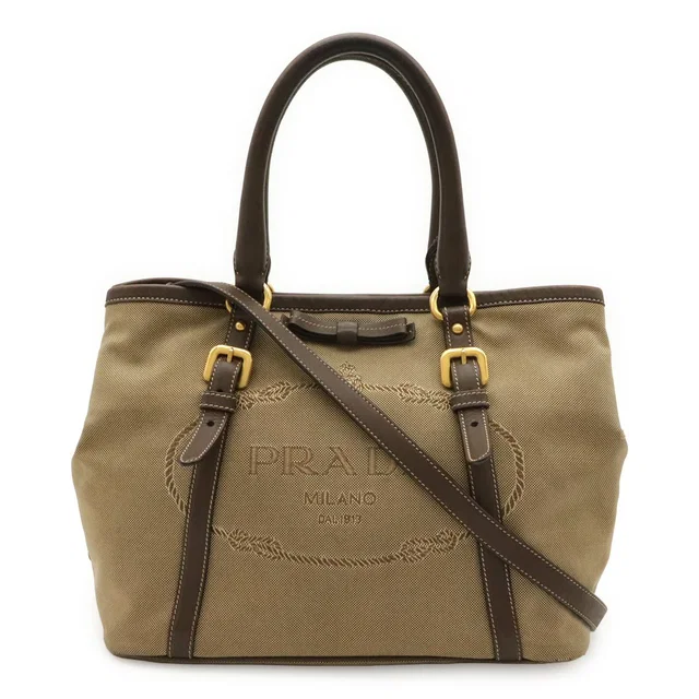Prada Logo Jacquard Ribbon Tote 2-Way Shoulder Bag Canvas Khaki Beige Mocha in Beige Canvas from The Reluxe