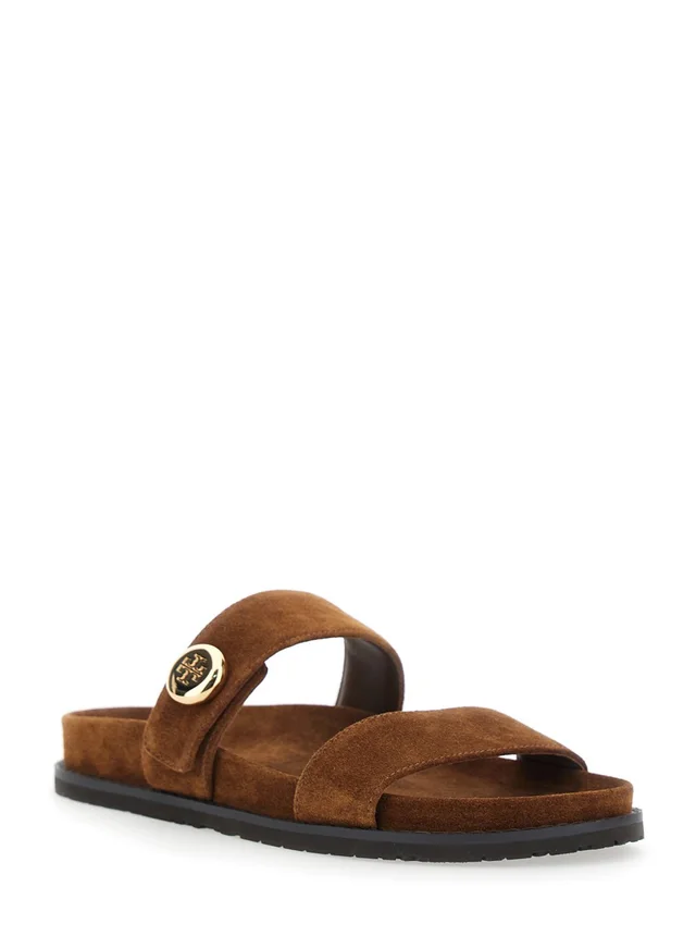 TORY BURCH Romy Sandals with Logo Plate on the Front in Brown Suede for Women in Brown 100% Bovine, photo 4 of 8 from Gaudenzi Boutique