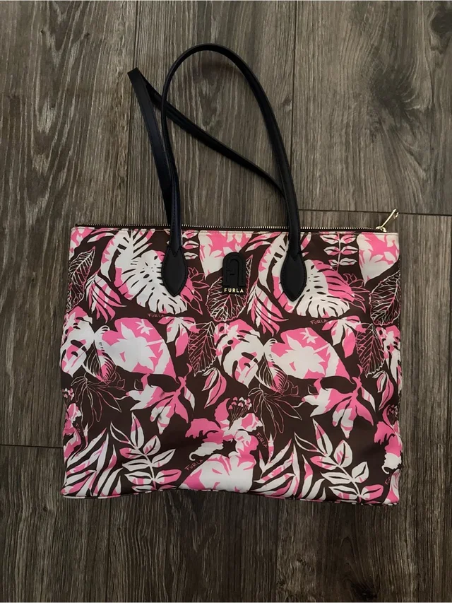 Furla Pink, Brown And White Floral Tote With Black Handles in brown|red|pink from Poshmark