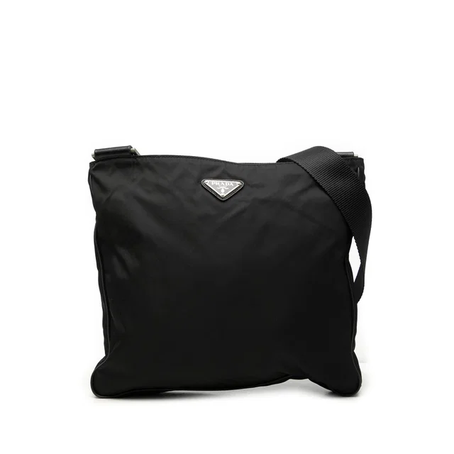 Black Prada Saffiano Trimmed Tessuto Zip Top Crossbody in Black Saffiano leather from Designer Revival