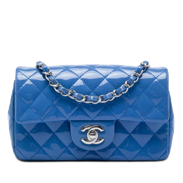 Blue Chanel Mini Rectangular Classic Patent Single Flap Crossbody Bag in Blue Patent leather from Designer Revival