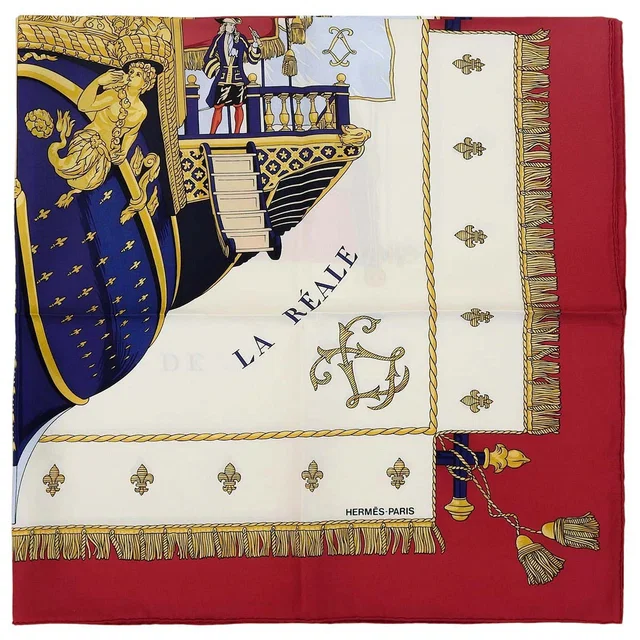 Hermès Carré 90 Vue Du Carrosse De La Galere La Reale Scarf Red/White/Multi in White Silk from VINTAGE QOO TOKYO