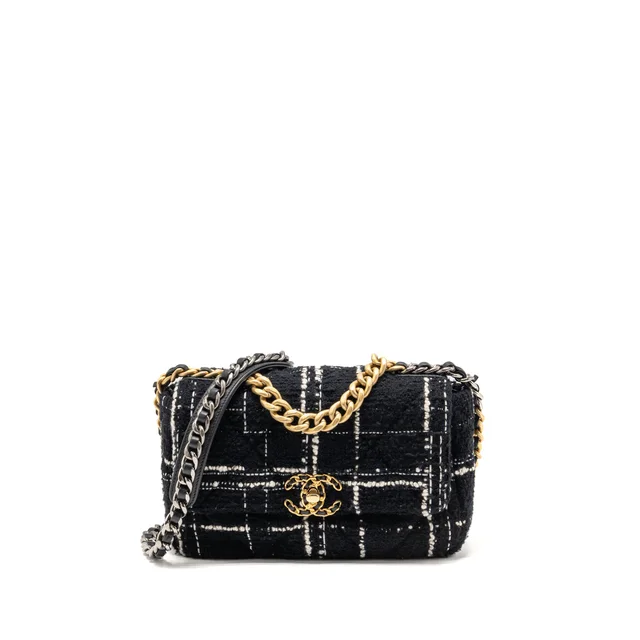 Chanel Small 19 Bag Tweed Black / White Multicolour Hardware (Microchip) in Black Tweed from EMIER
