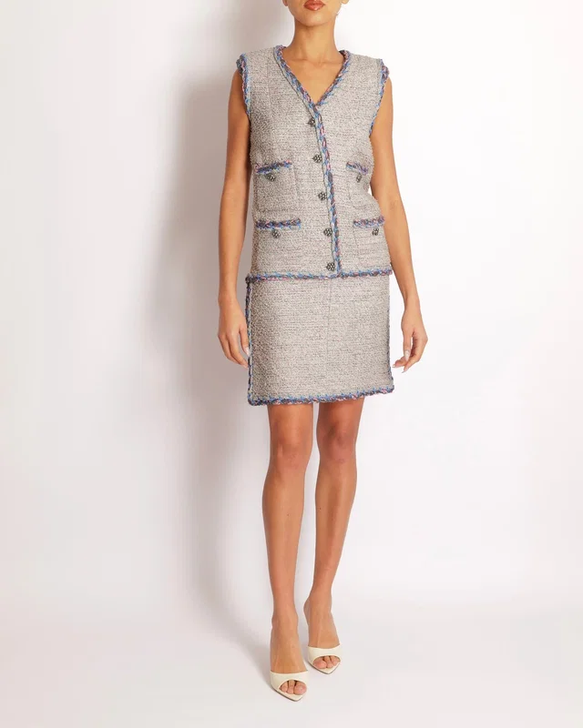 Chanel Spring 2014 Silver Metallic Sleeveless Tweed Mini Dress with Blue and Pink Details with Silver… in Blue Tweed from Sellier
