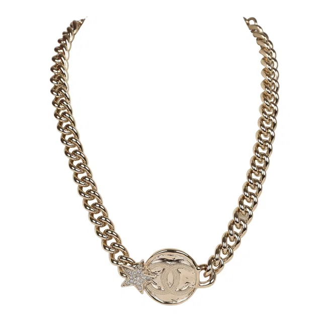 Chanel Light Gold Tone Wax Seal Logo and Rhinestone Star Necklace in Gold from Madison Avenue Couture