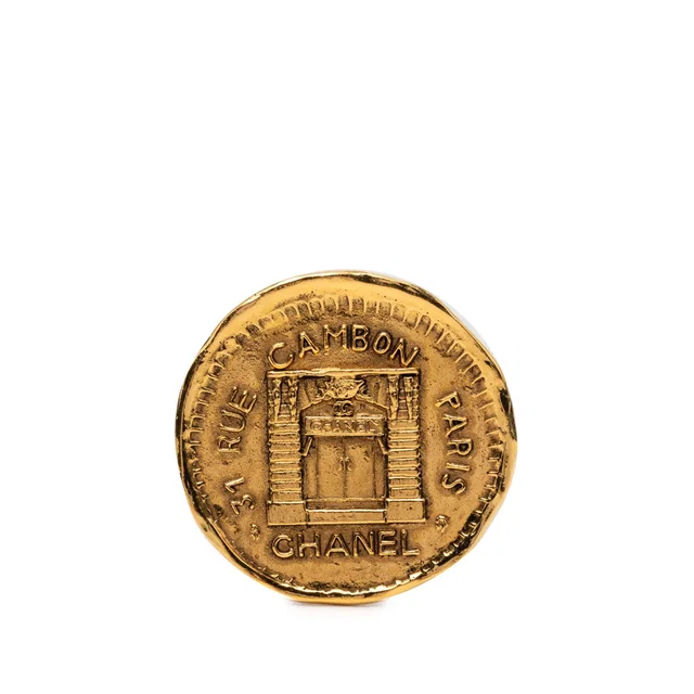 Gold Chanel Gold Plated 31 Rue Cambon Medallion Pin Brooch in Gold from Designer Revival