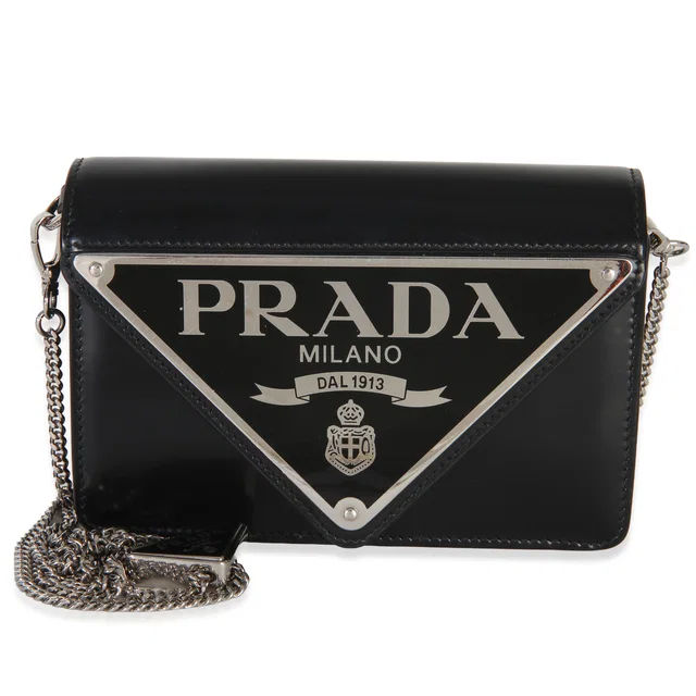 Prada Black Spazzolato Triangle Logo Plate Flap Chain Crossbody Bag in Black Nylon from myGemma