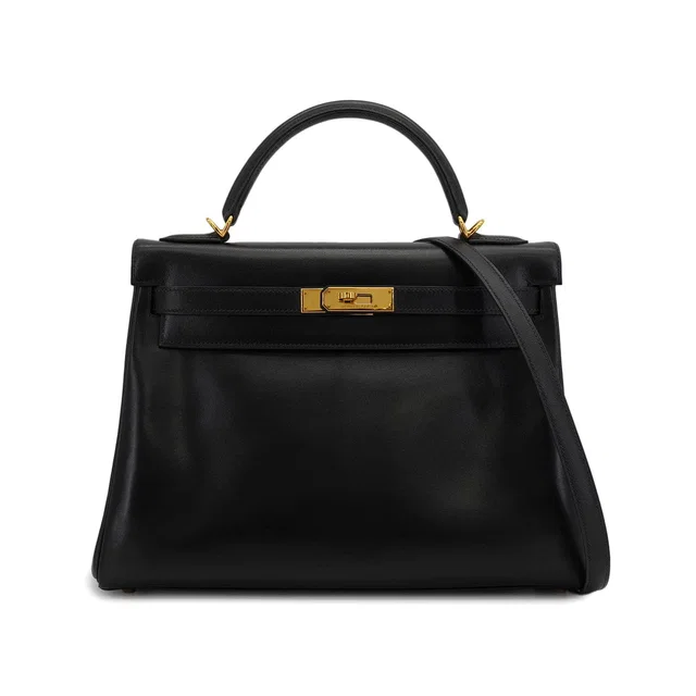 Hermès Kelly 32 Retourne Black Box Calf Hand Shoulder Bag 2001 Square E Gold Hardware in Black Box leather from Luxury Promise