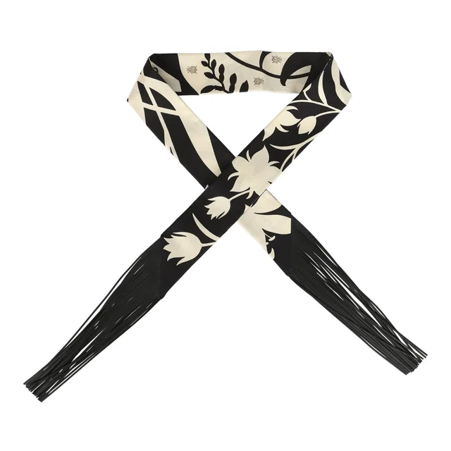 Hermès "Bouquet Final" Cream and Black Fringe Silk Twilly in Black Silk from Madison Avenue Couture