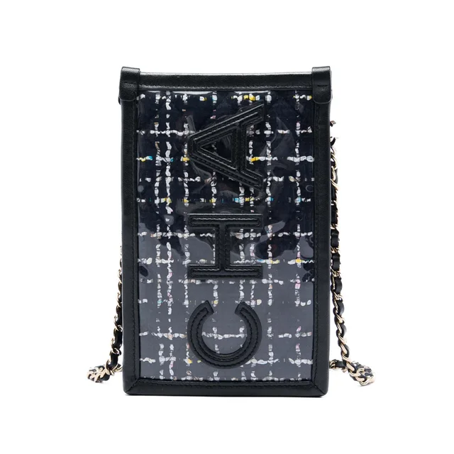 Black Chanel Tweed and PVC Phone Pouch with Chain Crossbody Bag in Black Tweed from Designer Revival