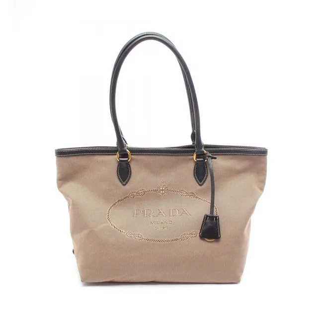 Prada Tote Bag Logo Jacquard Beige Black Canvas Leather in Black Canvas from The Reluxe