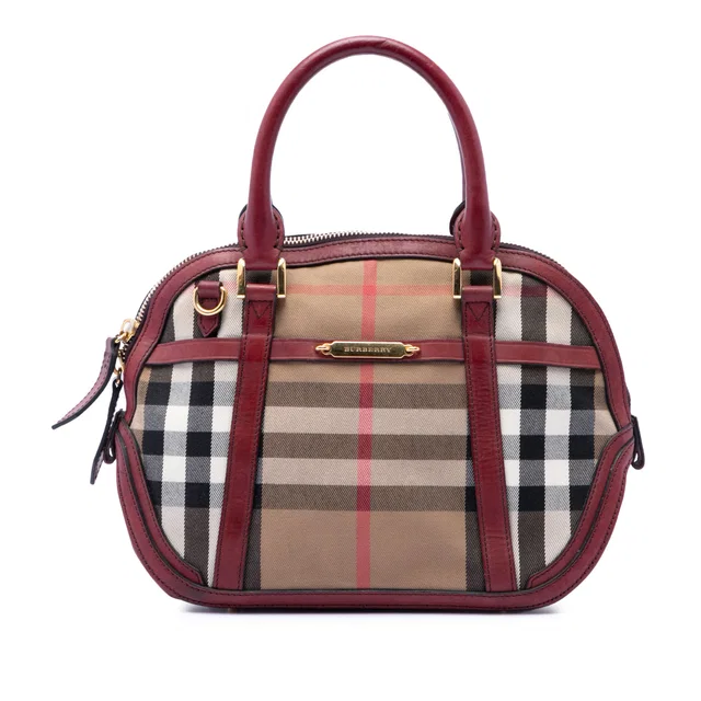 Red Burberry Small Leather Trimmed House Check Canvas Bridle Orchard Satchel in Red Canvas from Designer Revival