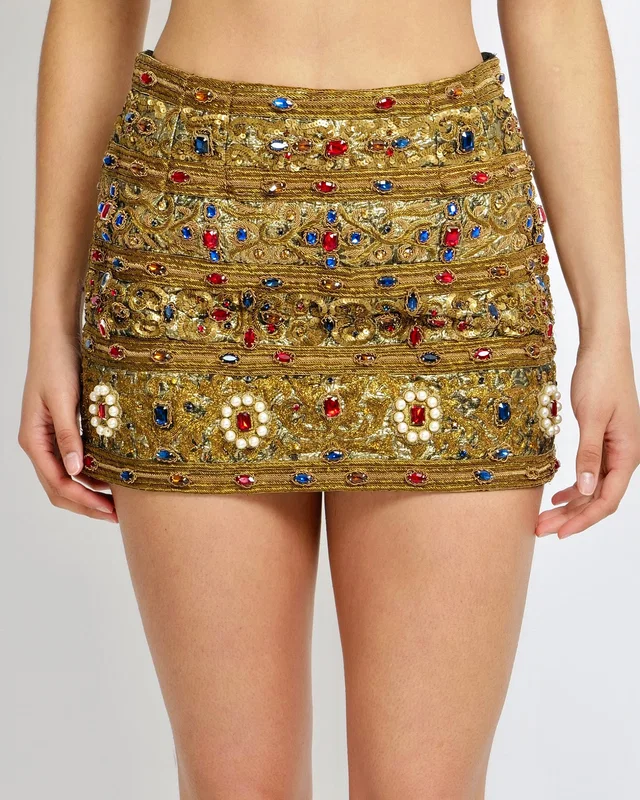 Dolce & Gabbana Spring 2019 Runway Gold Metallic Sequin Mini Skirt with Multi-Colour Gems and Pearl… in Gold from Sellier