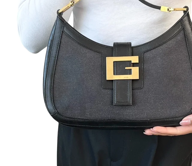 Gucci Vintage G Square Logo Shoulder Bag Magnet Black Gold Cotton Leather in Black Leather from Luxury Promise, photo 2 of 2