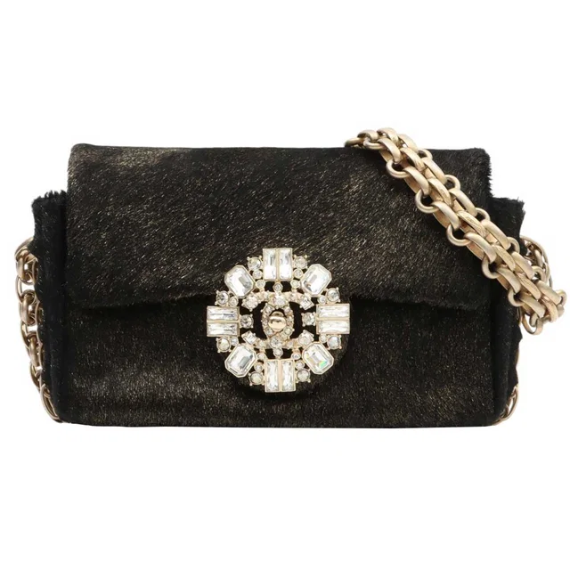 Chanel pony hair crystal CC turn-lock shoulder bag, black/gold, made around 2008 in Black from VINTAGE QOO TOKYO