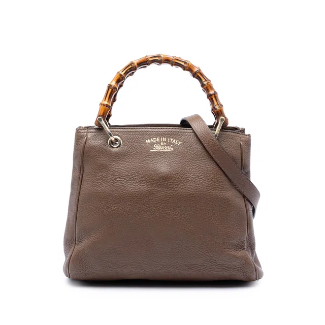Brown Gucci Small Calfskin Bamboo Shopper Satchel in Brown Calfskin from Designer Revival