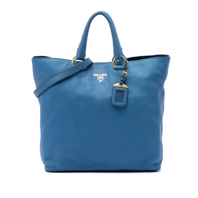 Blue Prada Vitello Daino Open Convertible Tote Satchel in Blue Leather from Designer Revival