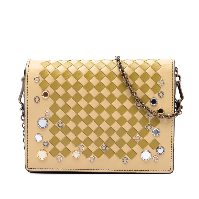 Yellow Bottega Veneta Nappa Intrecciato Studded Wallet on Chain Crossbody Bag in Yellow Nappa leather from Designer Revival