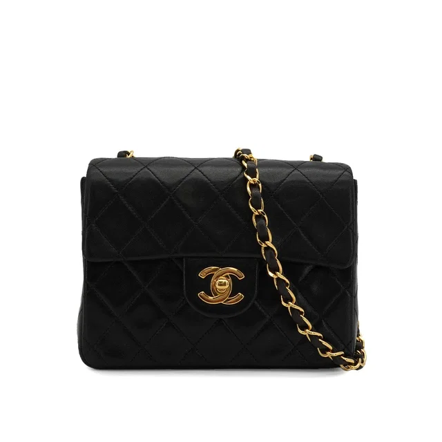 Chanel Vintage Mini Square 17 Chain Shoulder Bag Black Lamb Skin Gold Hardware in Black from Luxury Promise