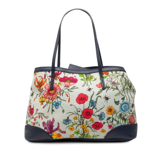 White Gucci Medium Canvas Flora Tote in White Canvas from Designer Revival