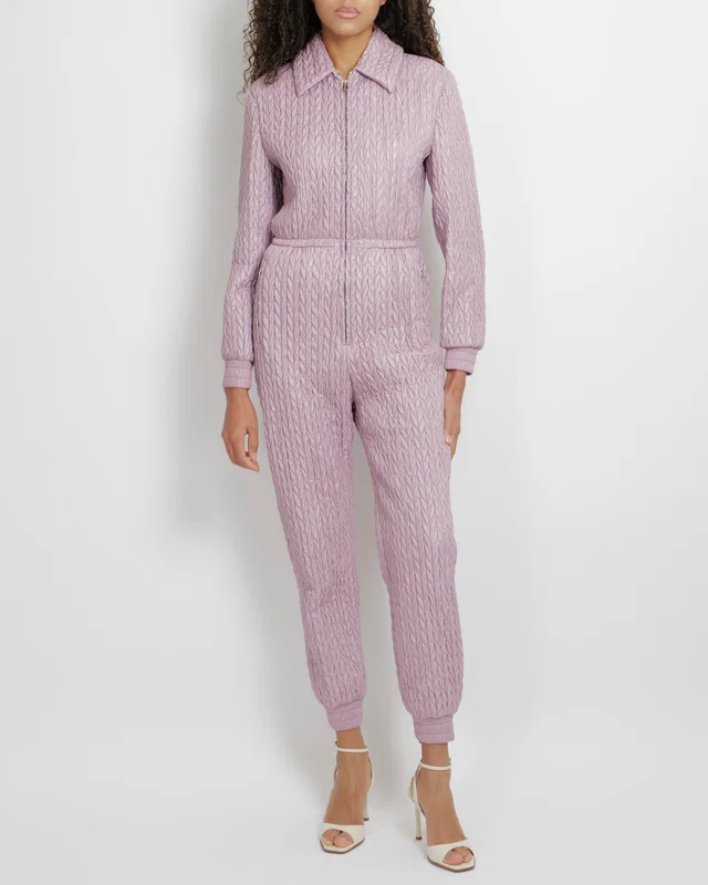Miu Miu Pink Quilted Padded Jumpsuit with Silver Logo Zipper Details Size IT 36 (UK 4) in Pink from Sellier