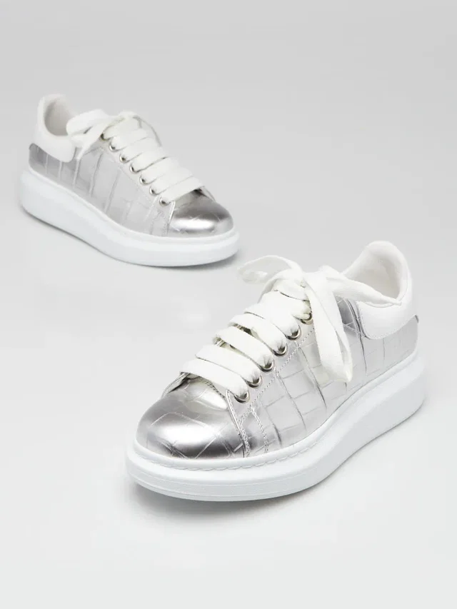 Alexander McQueen Metallic Silver Cubik Embossed Leather Larry Sneakers Size 5/35.5 in Silver Leather from Yoogis