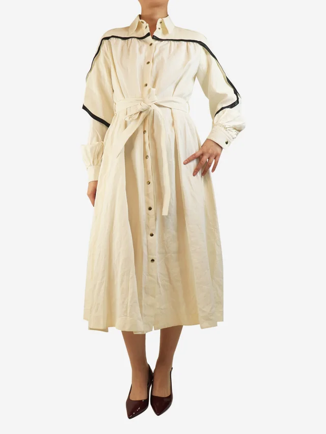 Celine Cream belted linen shirt dress - size UK 8 in White Leather from Sign of the Times