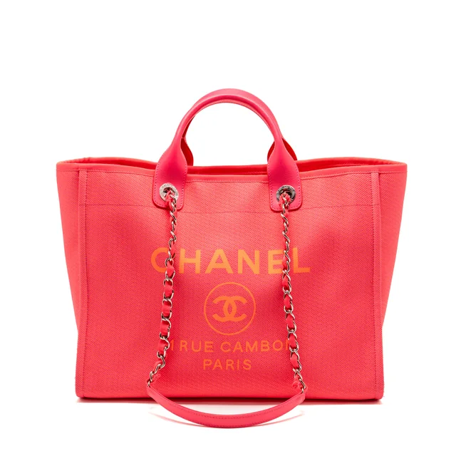 Chanel Large Deauville Tote Shopping Bag Canvas/Calfskin Hot Pink SHW in Pink Calfskin from EMIER